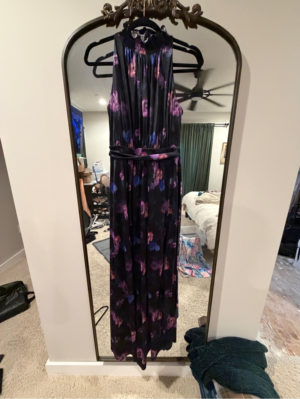Sleeveless Black Maxi Dress with Purple Floral Print